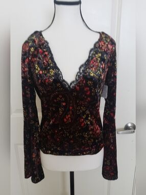 Free People Velour Floral Bell Sleeved V Neck